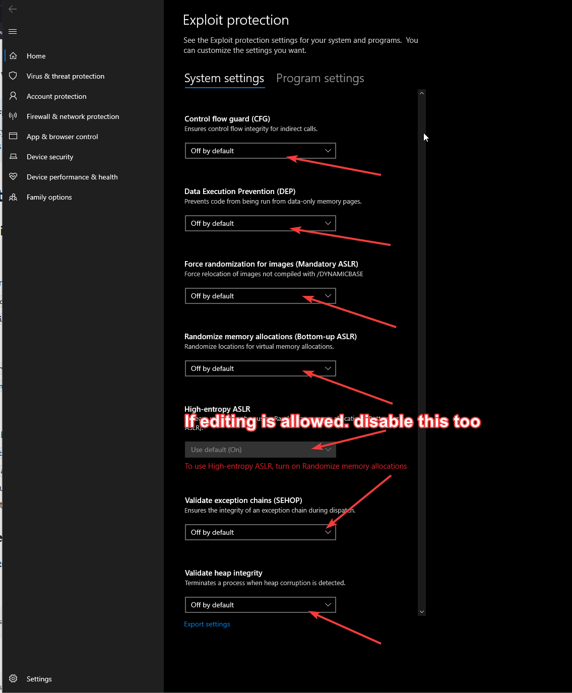 Exploit protection settings